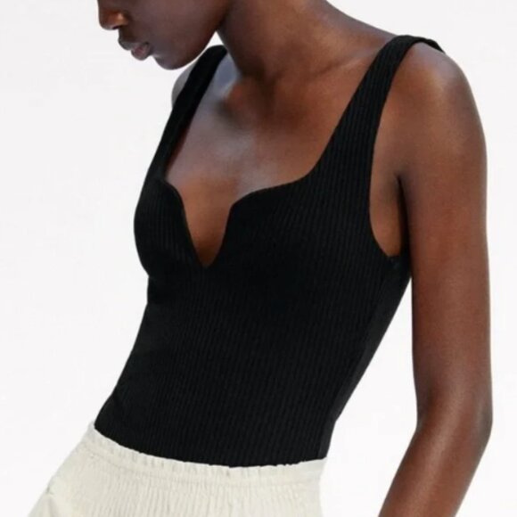 Zara Black Knit Ribbed Sweet Heart Neckline Bodysuit Top Size Small - Picture 3 of 10
